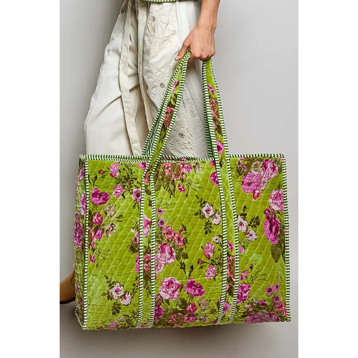 Green Velvet Quilted Tote Bag — length: 23" and height: 18"