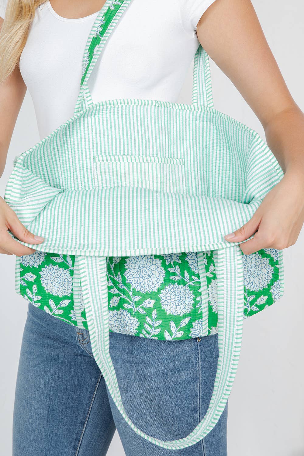 Green Floral Quilted Tote Bag