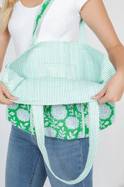 Green Floral Quilted Tote Bag