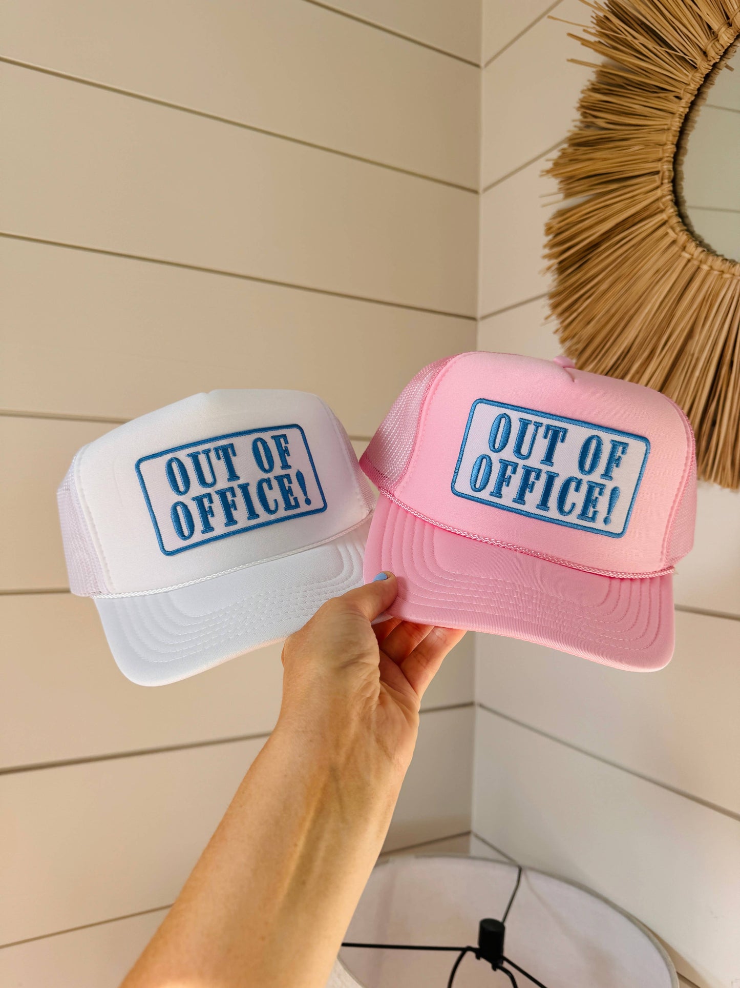 OUT OF OFFICE Patch Trucker Hat | Light Pink