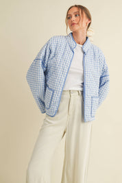 Light Blue Quilted Gingham Jacket — quilted throughout and stand collar