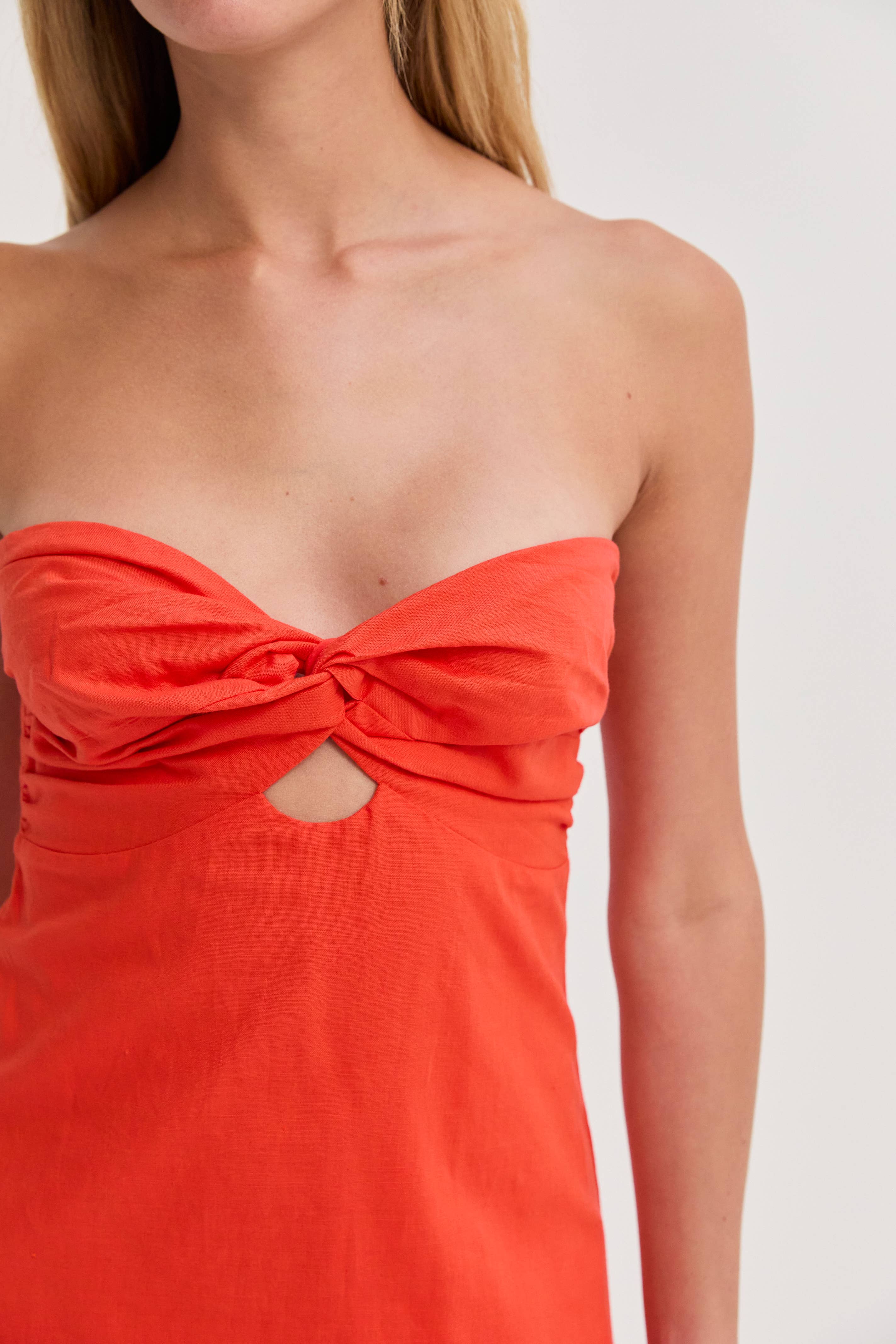 Orange Linen Front Twist Midi Dress
