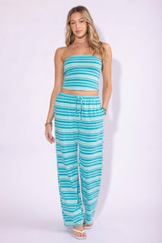Blue Striped Tube Top and Pants Set