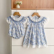 Blue Floral Smocked Matching Set Baby Romper/Dress: 12M / Romper