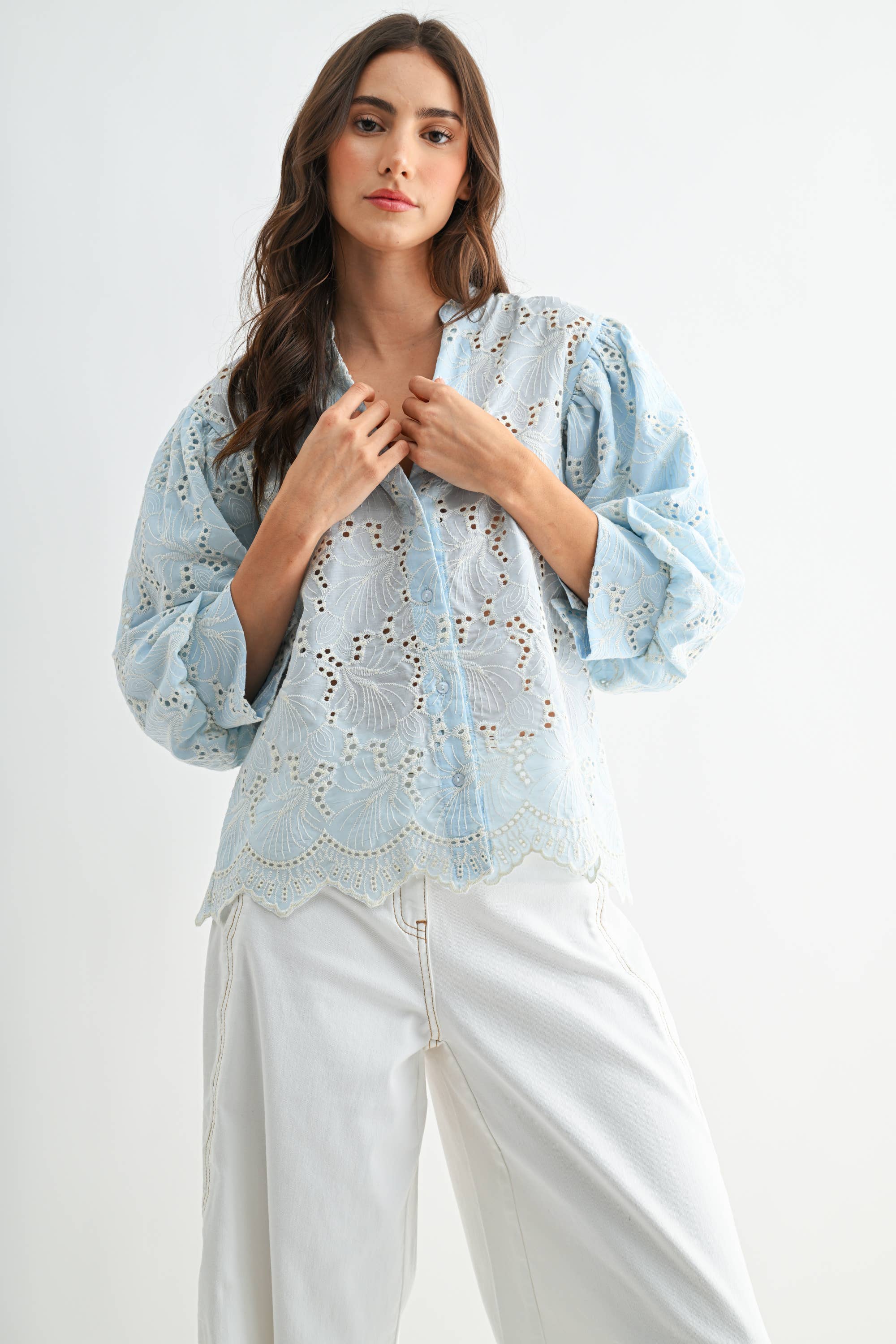 Light Blue Eyelet Puff Sleeve Top