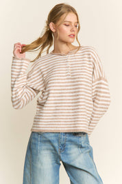 Oatmeal Striped Henley Knit Sweater