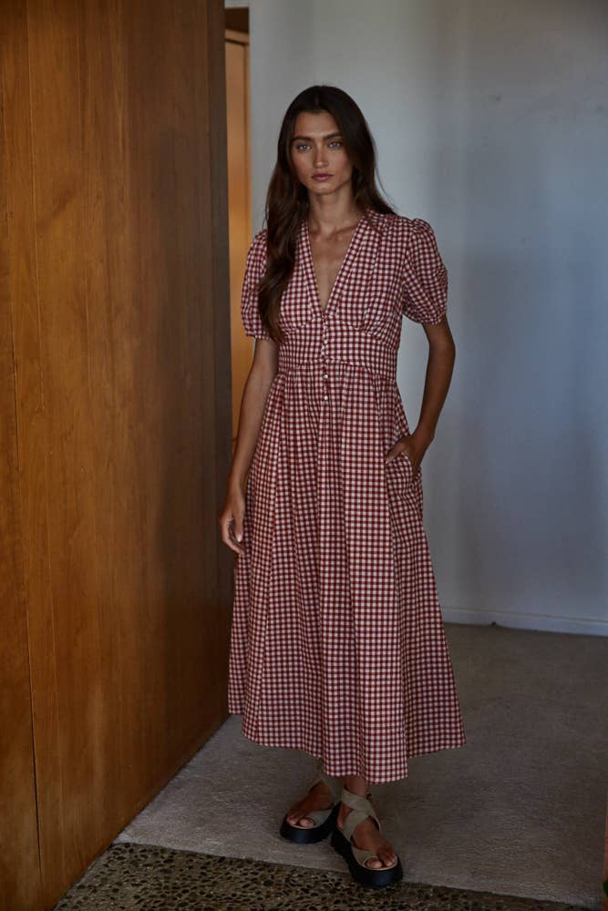 Red & White Gingham Print Button-Down Dress