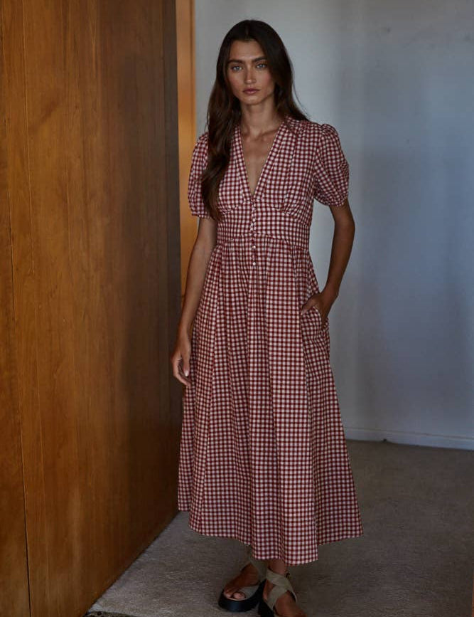 Red & White Gingham Print Button-Down Dress