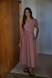 Red & White Gingham Print Button-Down Dress