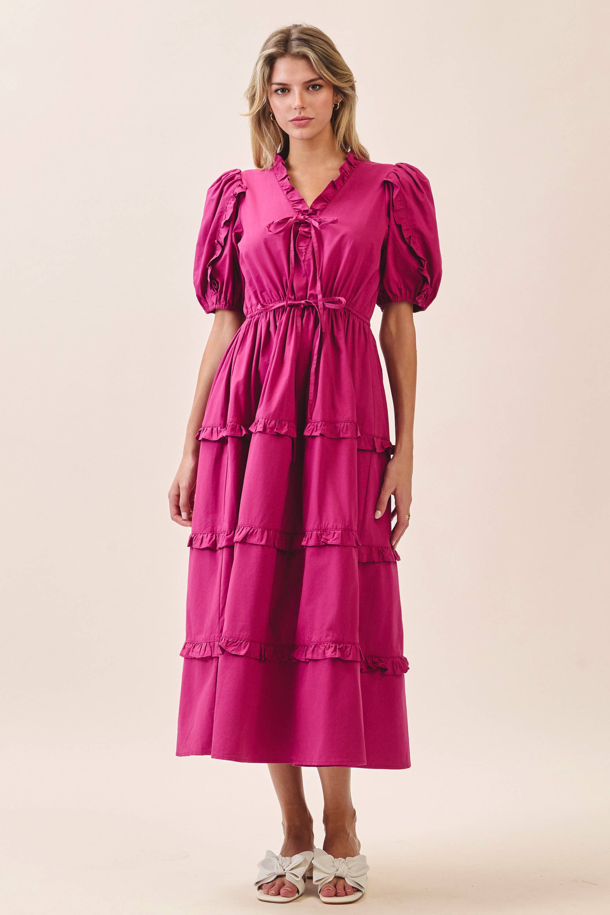 Pink Drawstring Waist Tiered Ruffle Dress