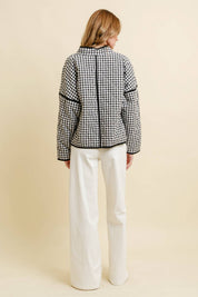 Black Quilted Gingham Jacket — quilted throughout and stand collar