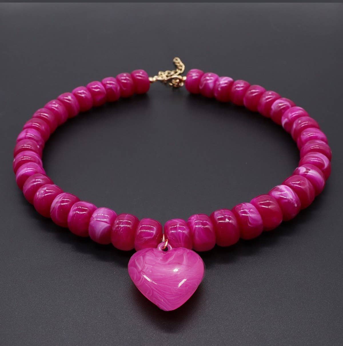 Hot Pink Heart Pendant Bead Necklace