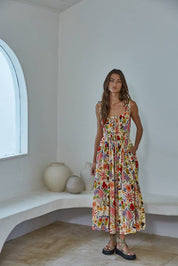 Cream Floral Print Sleeveless Dress