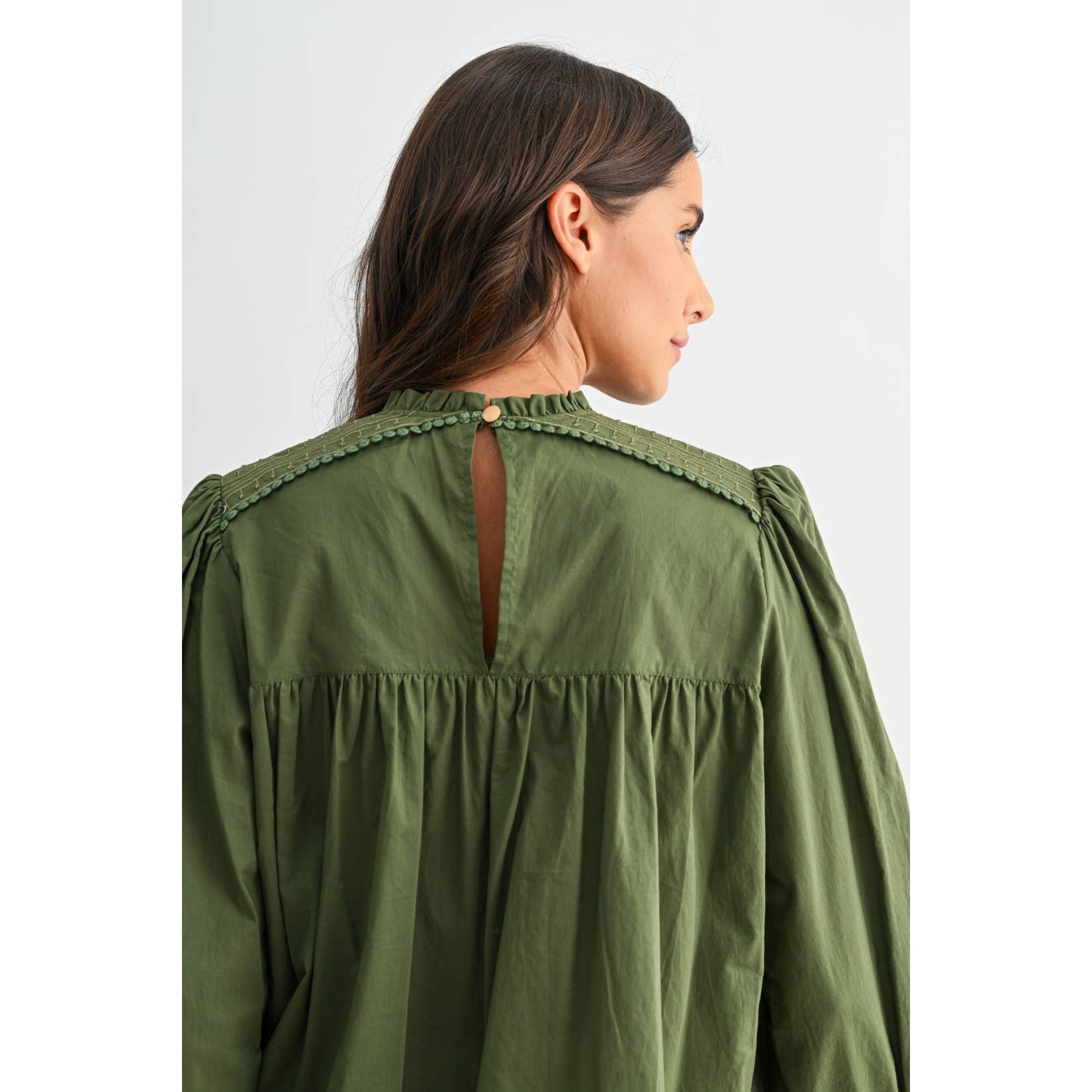 Green Puff Sleeve Embroidered Blouse