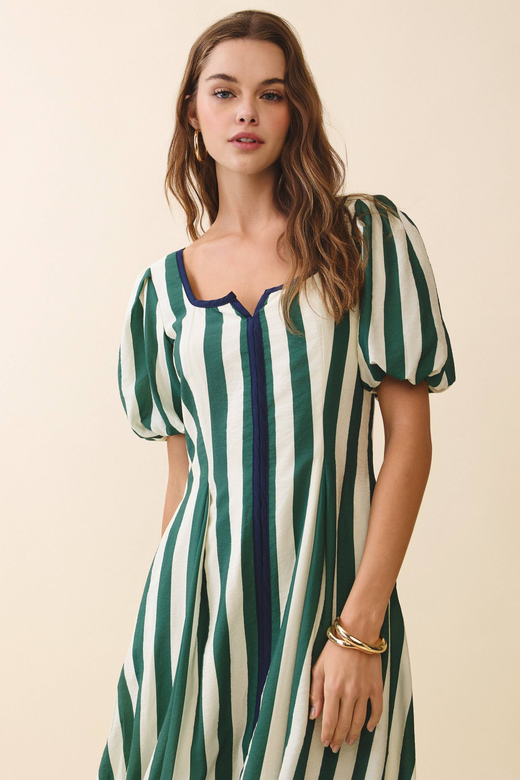 Green Striped Square Neck Midi Dress