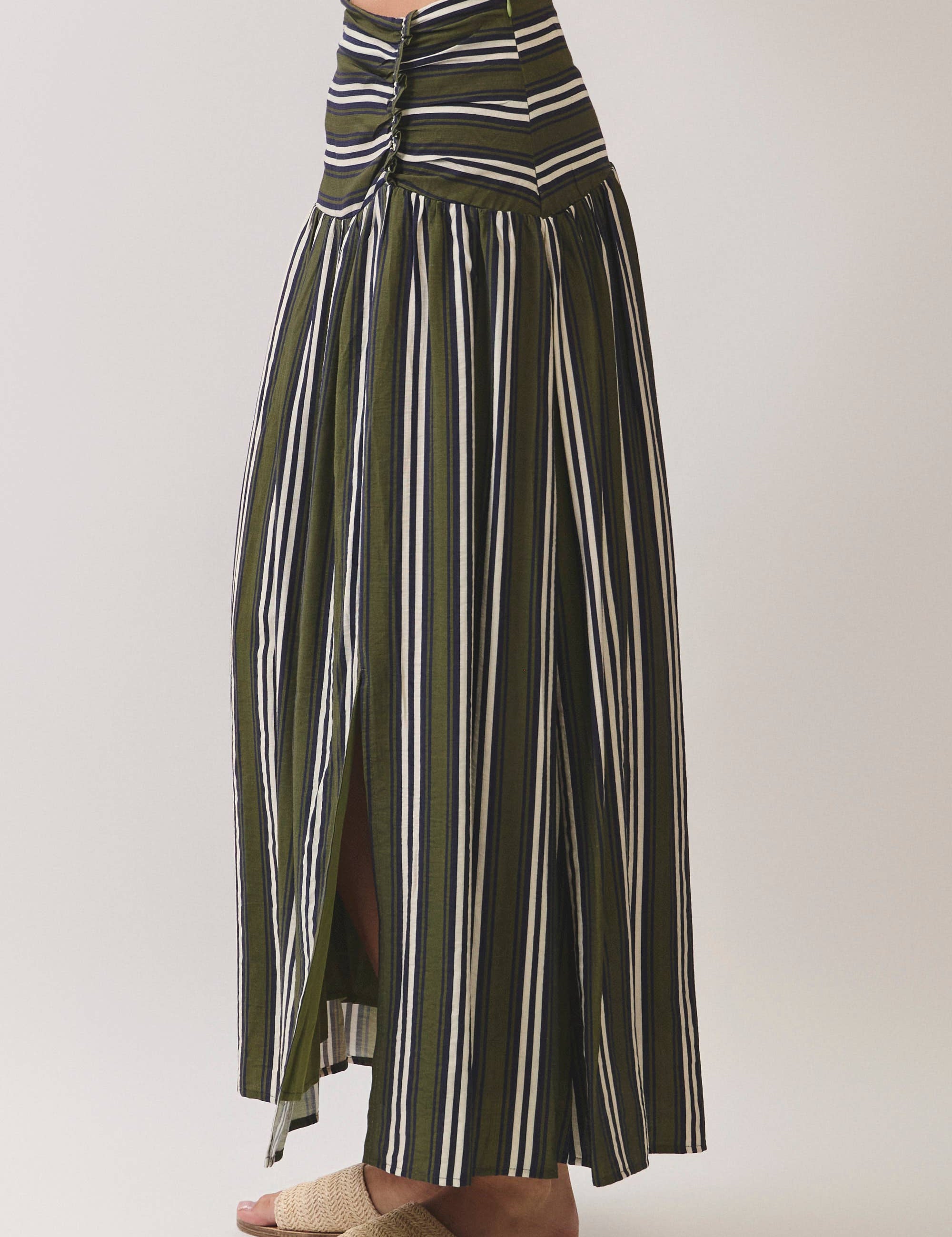 Green Striped Ruched Drop Waist Maxi Skirt showing ruched detailing