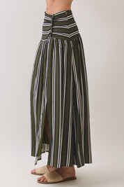 Green Striped Ruched Drop Waist Maxi Skirt