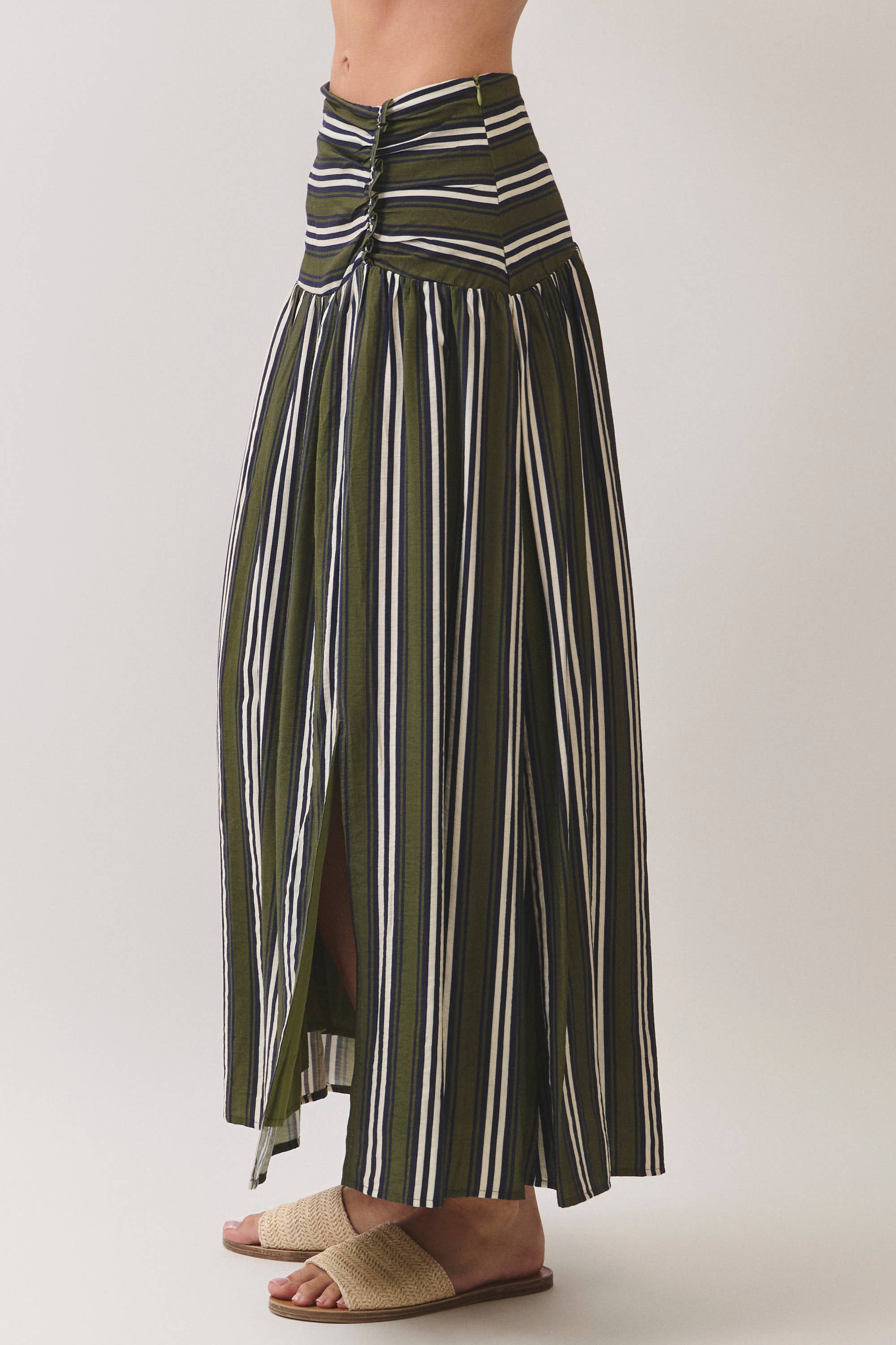 Green Striped Ruched Drop Waist Maxi Skirt