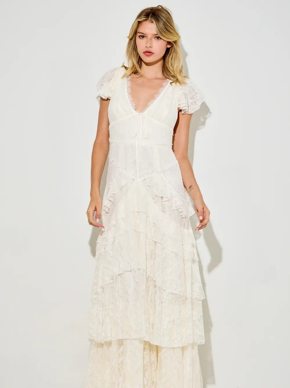 White Lace Ruffle Maxi Dress