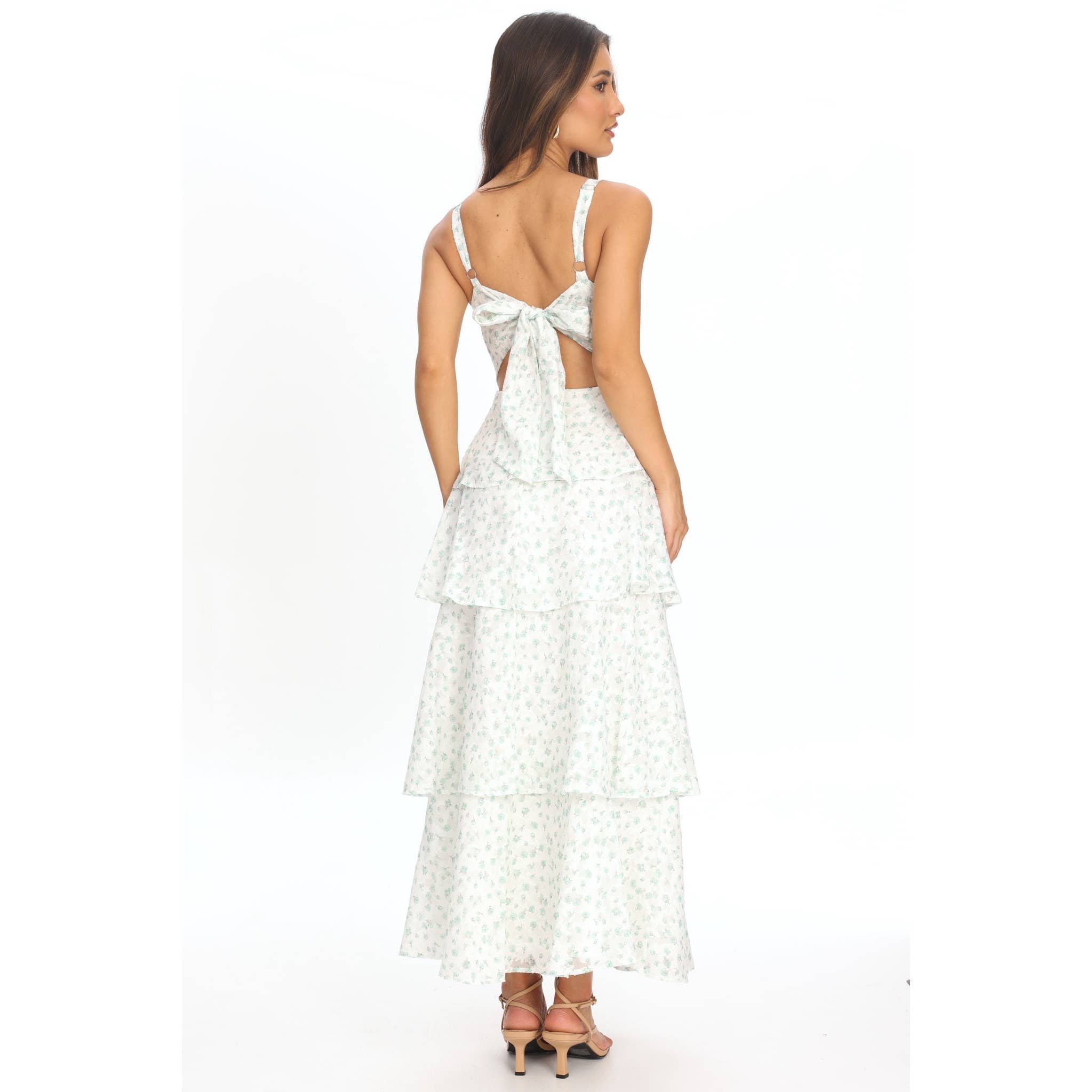 White & Green Floral Tiered Maxi Dress