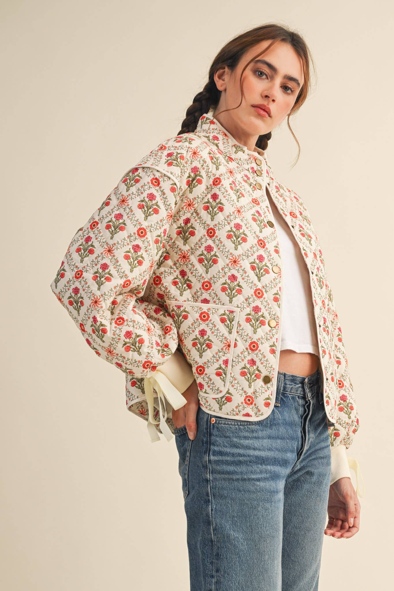 Ivory Floral Quilted Jacket With Ribbon Detail