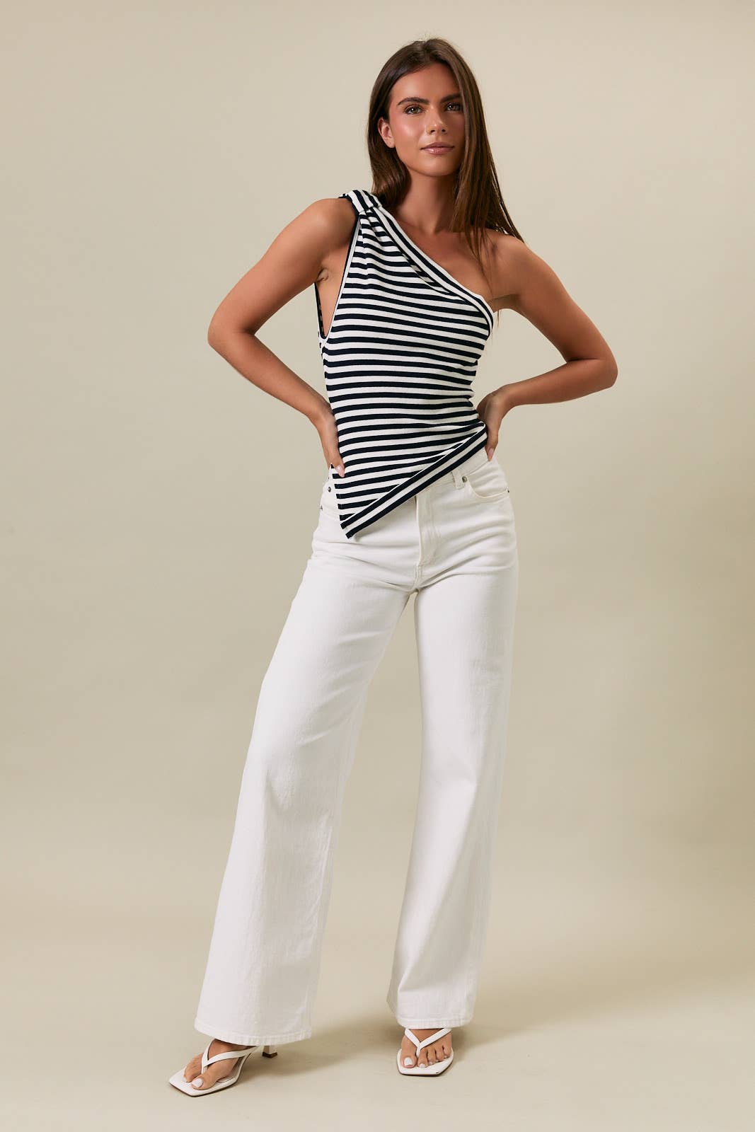 Navy One Shoulder Stripe Top