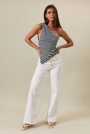 Navy One Shoulder Stripe Top
