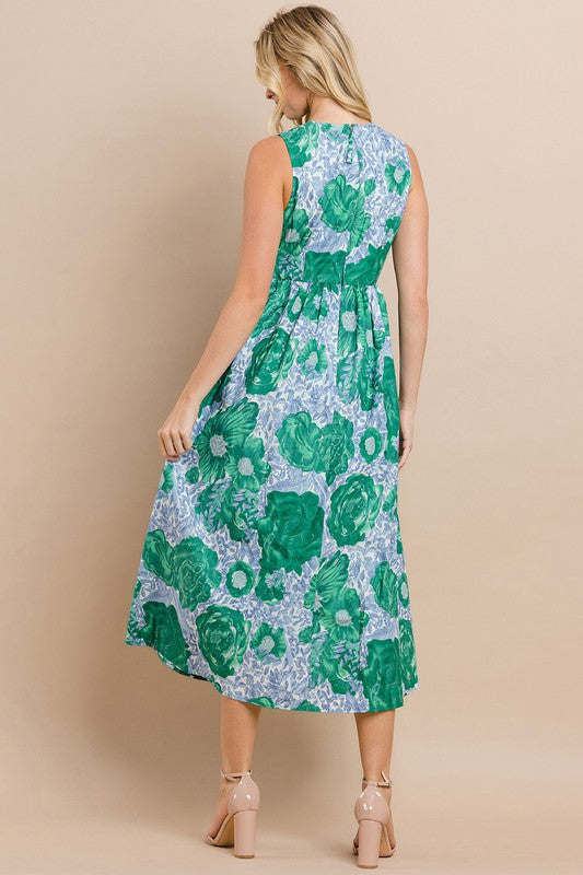 Green Floral Printed Ruched Detail Sleeveless Dress