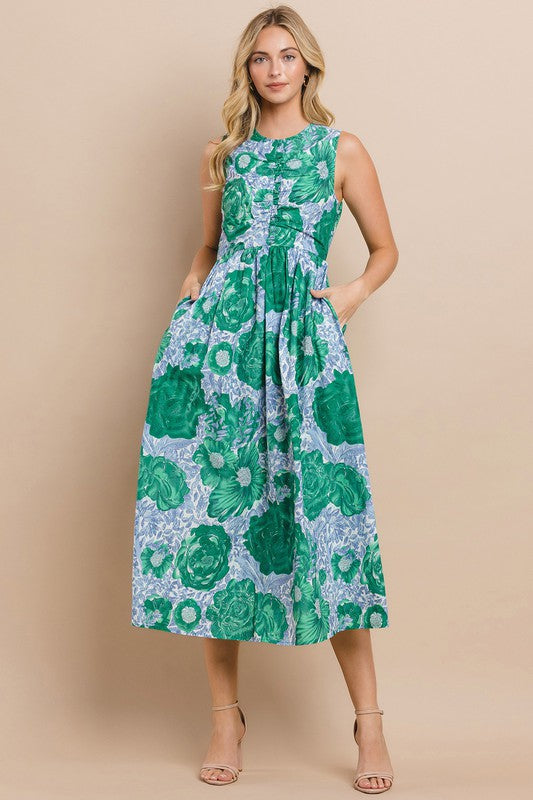 Green Floral Printed Ruched Detail Sleeveless Dress