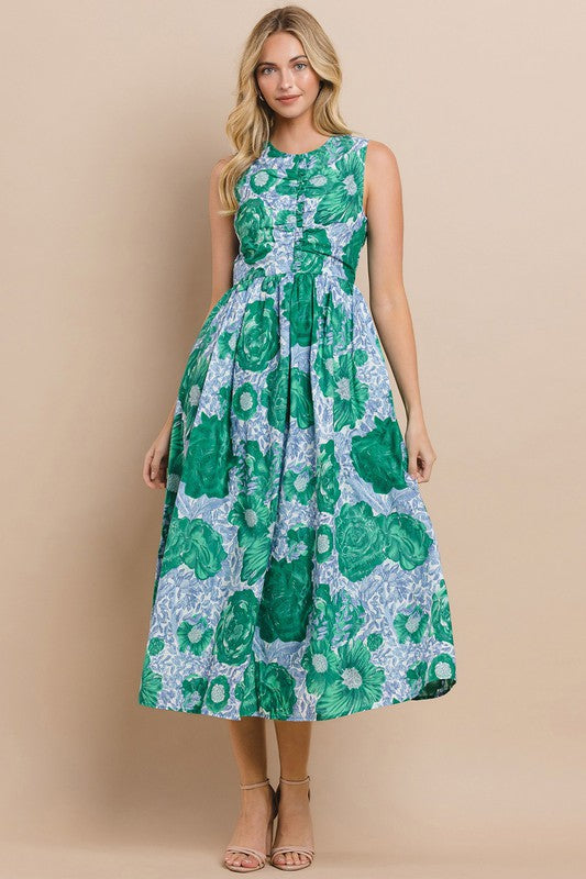 Green Floral Printed Ruched Detail Sleeveless Dress