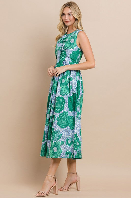 Green Floral Printed Ruched Detail Sleeveless Dress