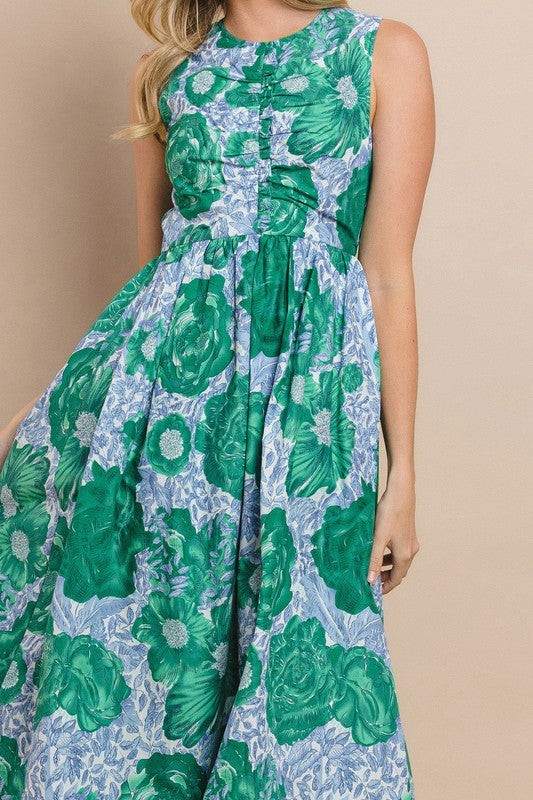 Green Floral Printed Ruched Detail Sleeveless Dress