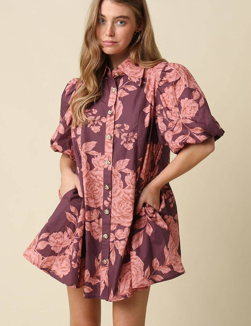 Maroon Floral Puff Sleeve Mini Dress — romantic floral print and voluminous puffy sleeves