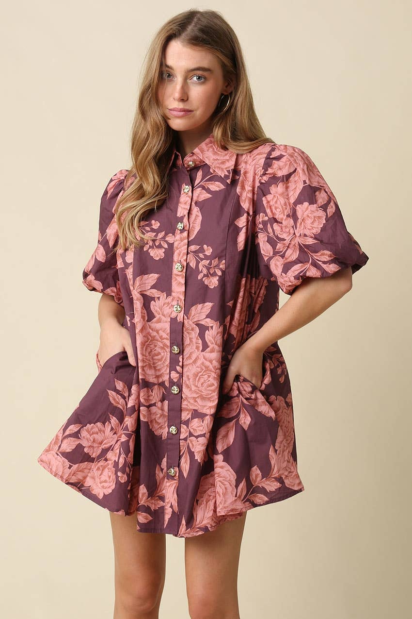 Maroon Floral Puff Sleeve Mini Dress — romantic floral print and voluminous puffy sleeves