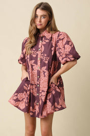 Maroon Floral Puff Sleeve Mini Dress — romantic floral print and voluminous puffy sleeves