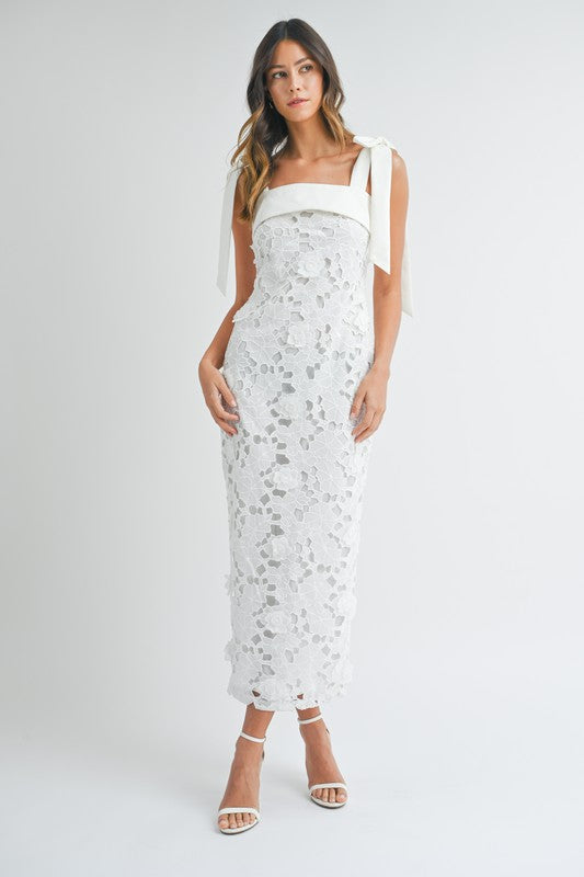 White Lace Floral Tie Midi Dress