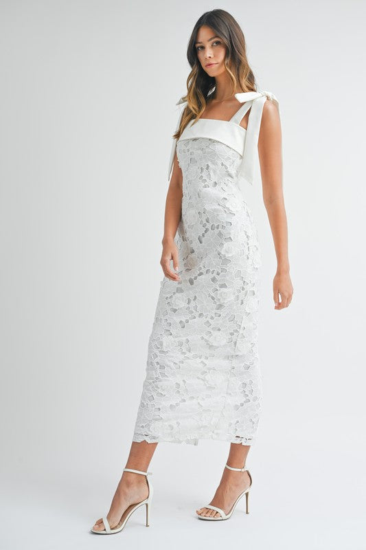 White Lace Floral Tie Midi Dress