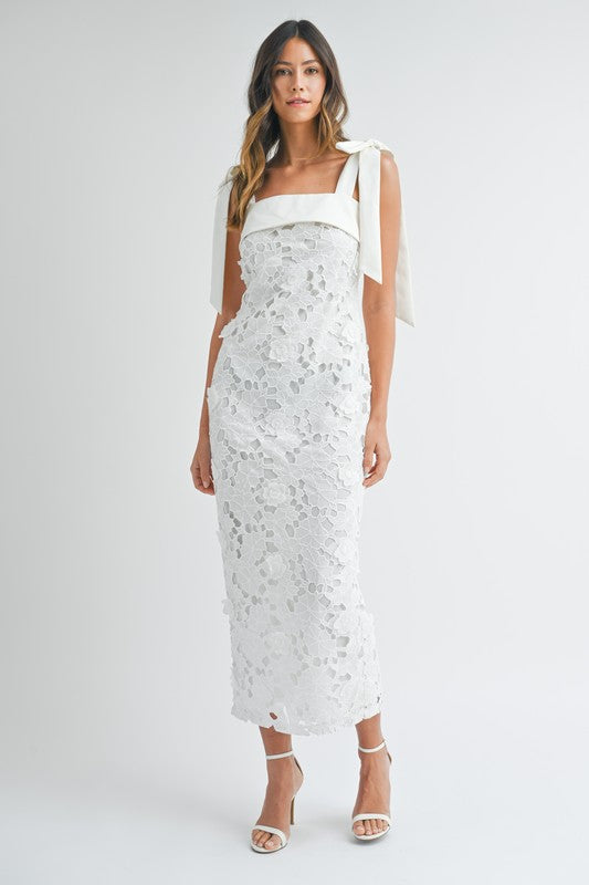 White Lace Floral Tie Midi Dress