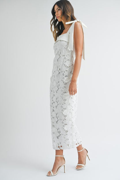 White Lace Floral Tie Midi Dress