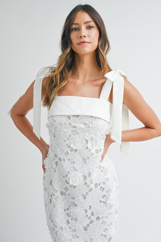 White Lace Floral Tie Midi Dress