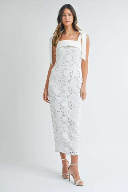 White Lace Floral Tie Midi Dress