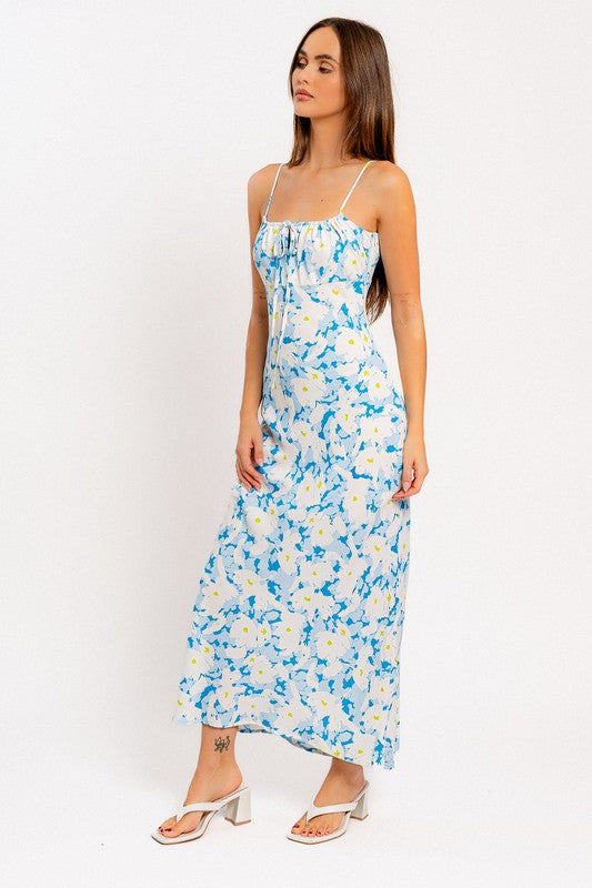Blue Floral Neck Maxi Dress