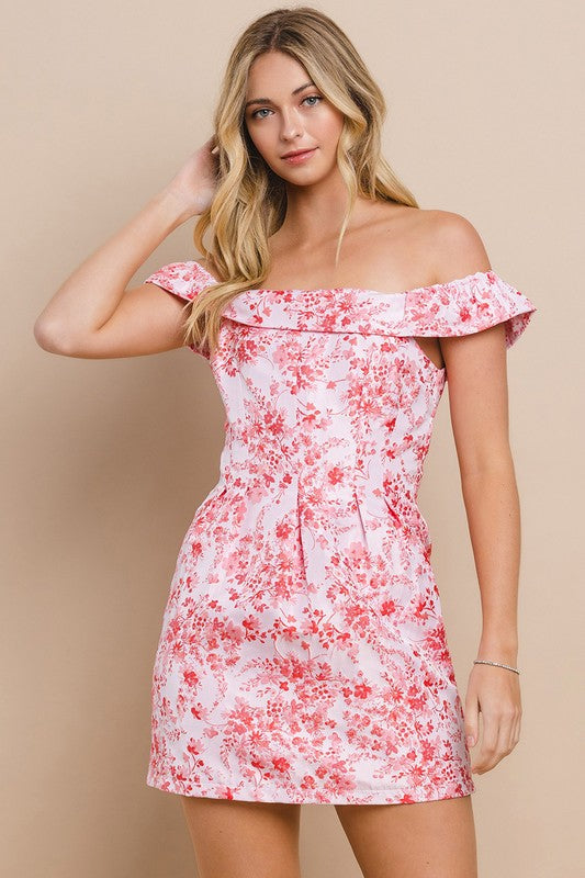 Pink Off Shoulder Floral Dress