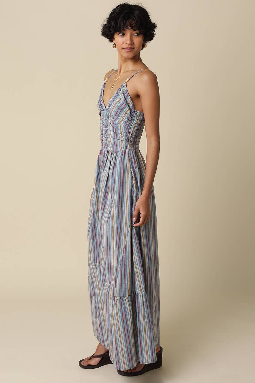 Blue Striped Beaded Maxi Dress