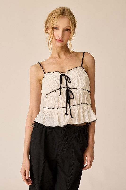 White Contrast Ruffle Top