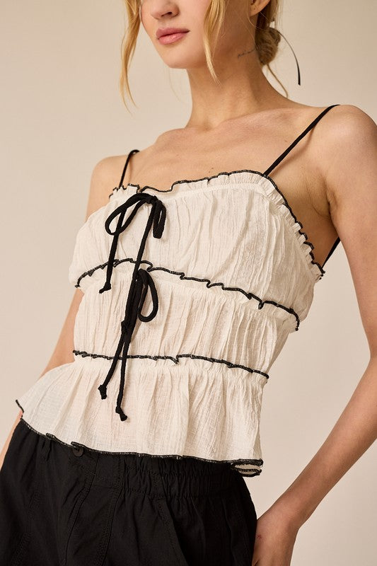 White Contrast Ruffle Top