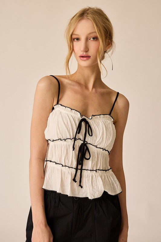 White Contrast Ruffle Top