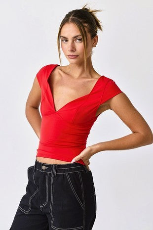 Red Slim Fit V-neck Top