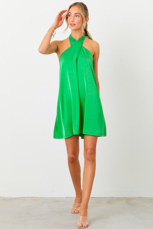 Green Halter Cross Neck Dress