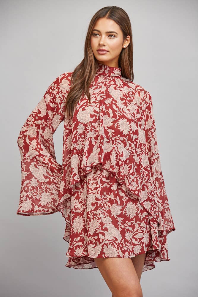 Red Floral Neck Tie Mini Dress
